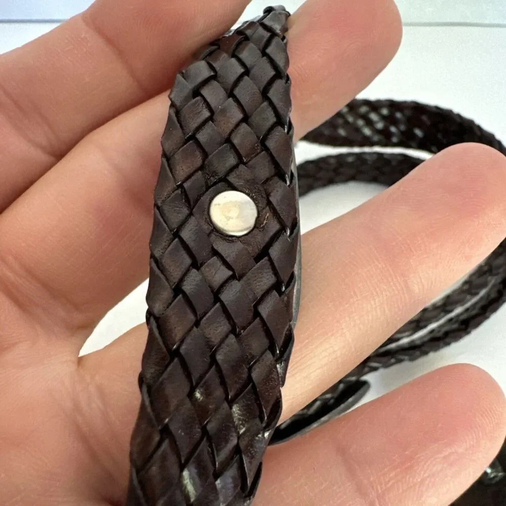 Women's Leather Belt Snake Brown Braided Made Italy Metal Details 37’